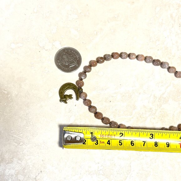 Peach Moonstone Bronze Cat on the Moon Necklace, Genuine Gemstone Beaded Choker - Picture 12 of 14